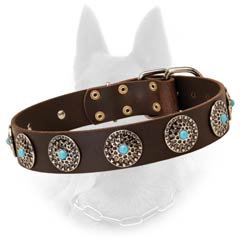 Leather Belgian Malinois Dog Collar With Blue Stones