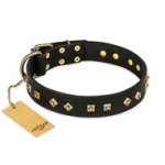 "Rhomb Style" FDT Artisan Decorated Leather Belgian Malinois Collar with Old Bronze-Plated Studs 1 1/2 inch (40 mm) Wide