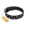 "Power-Flower" FDT Artisan Black Leather Belgian Malinois Collar with Two Rows of Silver-like Studs with Engraved Flowers