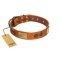 "Bronze Century" FDT Artisan Tan Leather Belgian Malinois Collar with Plates and Brooches with Cool Ornament
