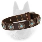 Fascinating Leather Dog Collar With Circles And Blue Stones