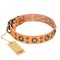 'Sophisticated Glamor' FDT Artisan Tan Leather Belgian Malinois Collar with Fancy Old-bronze Plated Decorations