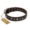 "Gorgeous Shields" FDT Artisan Brown Leather Belgian Malinois Collar with Old Silver-like Circles and Small Camomiles