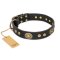 "Golden Radiance" FDT Artisan Black Leather Belgian Malinois Collar with Old Bronze Look Ovals and Circles
