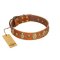 "Venus Breath" FDT Artisan Tan Leather Belgian Malinois Collar with Vintage Looking Oval and Round Studs