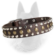 Unique Belgian Malinois Leather Collar with 3 Rows of Pyramid and Stud Decoration