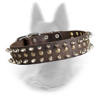 New Leather Belgian Malinois Collar Decorated with 2 Row Spikes and 1 Row Brass Studs