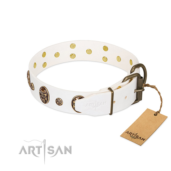 Corrosion resistant D-ring on natural genuine leather dog collar for your doggie