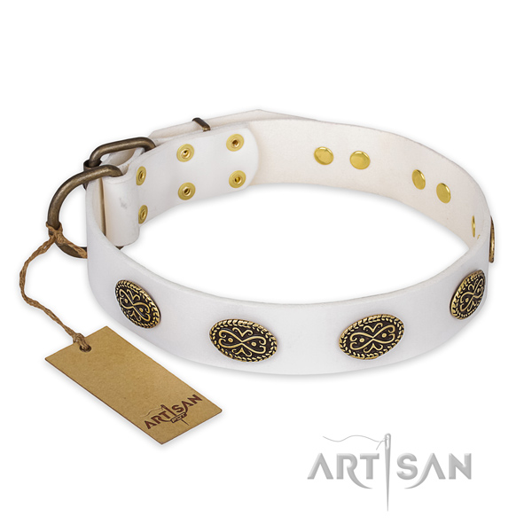 Adorned genuine leather dog collar with rust-proof traditional buckle