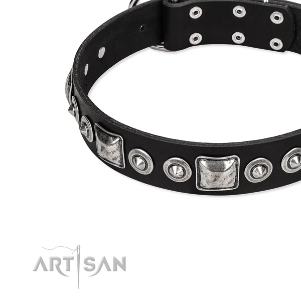 Full grain leather dog collar made of quality material with adornments