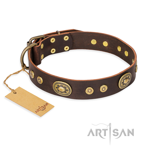 Natural genuine leather dog collar made of flexible material with rust resistant buckle