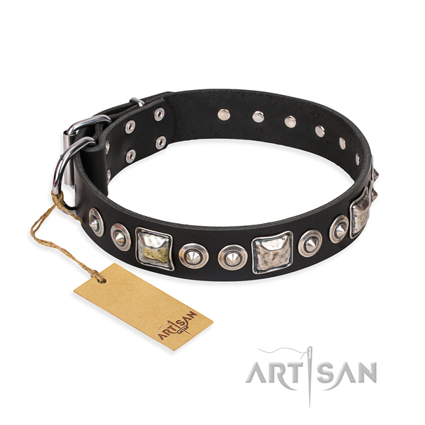 Genuine leather dog collar made of gentle to touch material with corrosion proof buckle
