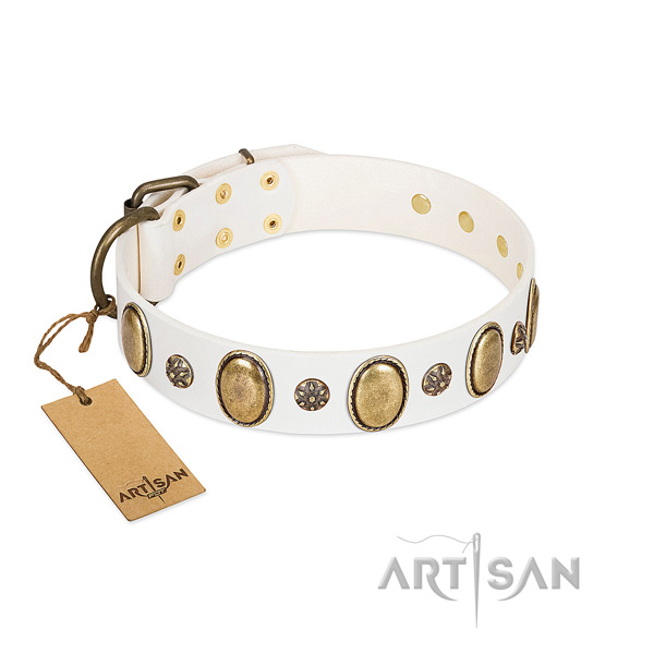 Handy use flexible leather dog collar with decorations