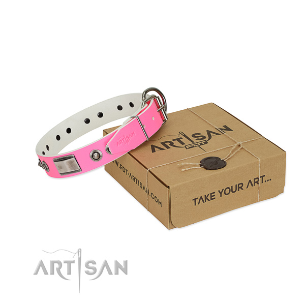 Handcrafted dog collar of full grain genuine leather with adornments