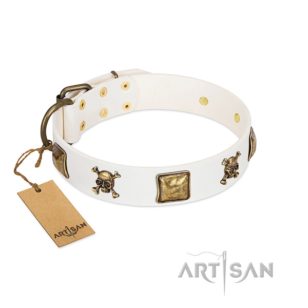 Designer leather dog collar with corrosion resistant decorations