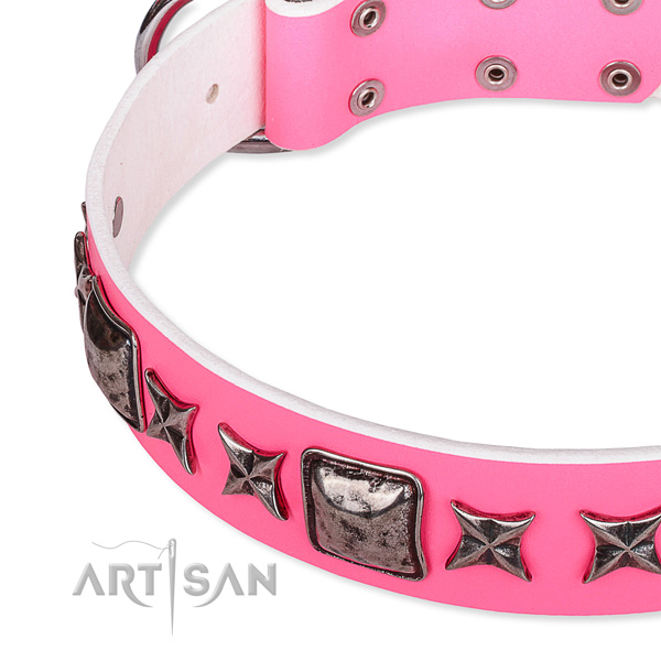 Comfortable wearing adorned dog collar of durable full grain natural leather