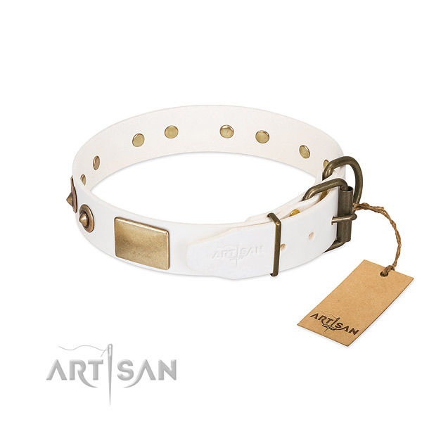 Durable D-ring on natural genuine leather dog collar for your doggie