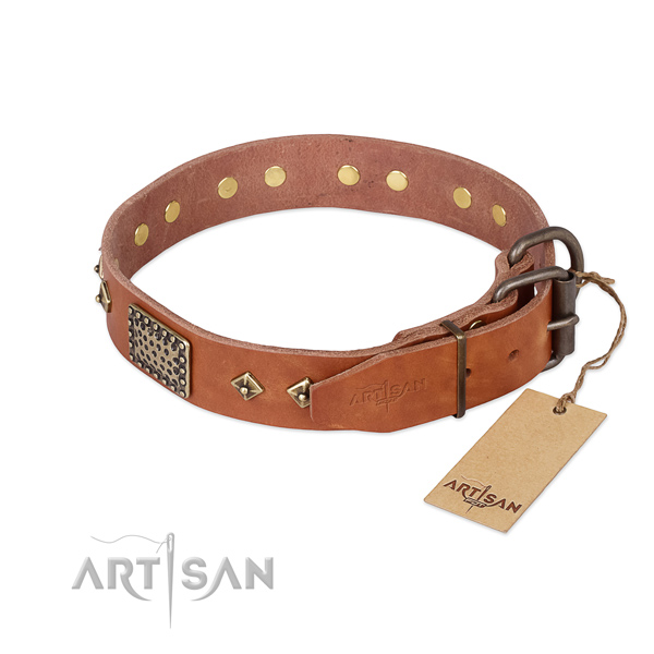 Full grain natural leather dog collar with strong buckle and decorations