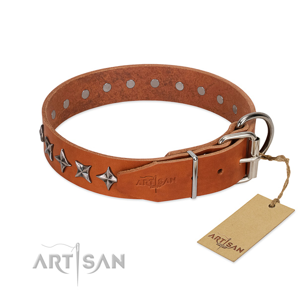 Easy wearing embellished dog collar of fine quality natural leather