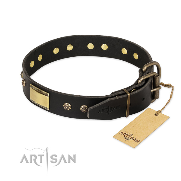 Full grain leather dog collar with rust-proof traditional buckle and decorations