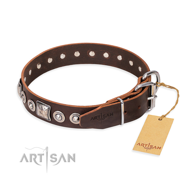 Full grain genuine leather dog collar made of gentle to touch material with corrosion proof studs