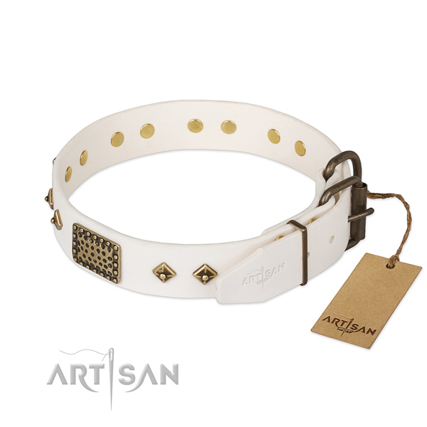 Full grain genuine leather dog collar with corrosion resistant buckle and adornments
