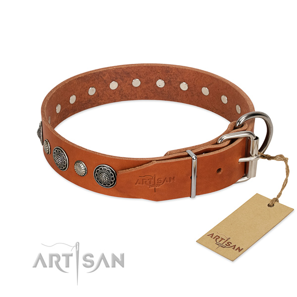 Soft genuine leather dog collar with rust-proof D-ring