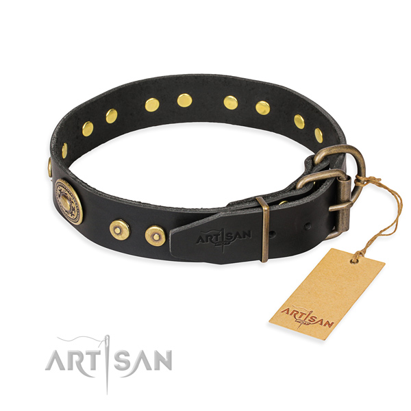 Full grain genuine leather dog collar made of flexible material with strong embellishments