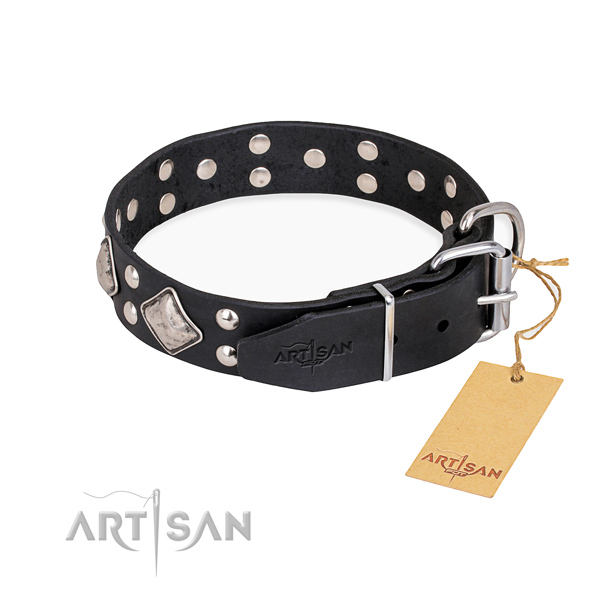 Full grain genuine leather dog collar with trendy corrosion resistant adornments