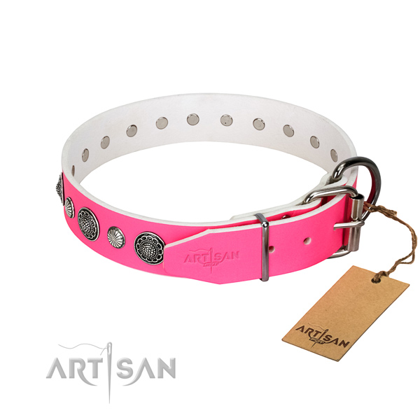Flexible full grain genuine leather dog collar with rust resistant traditional buckle