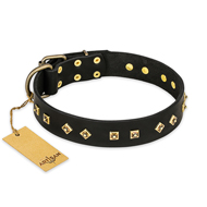 "Rhomb Style" FDT Artisan Decorated Leather Belgian Malinois Collar with Old Bronze-Plated Studs 1 1/2 inch (40 mm) Wide