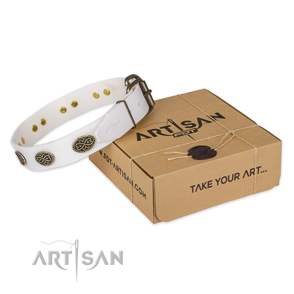 Rust resistant buckle on full grain leather dog collar for easy wearing