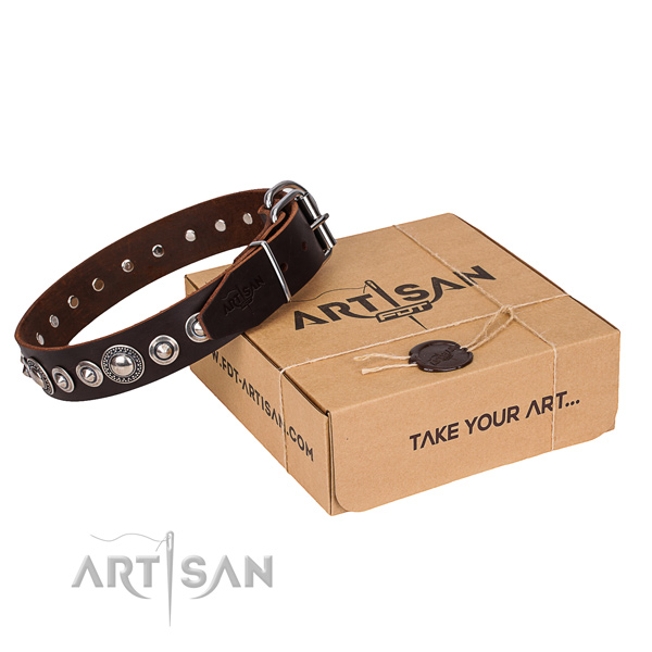 Genuine leather dog collar made of quality material with strong fittings