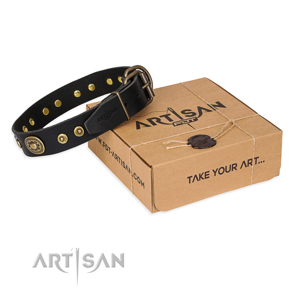 Leather dog collar made of gentle to touch material with rust-proof fittings