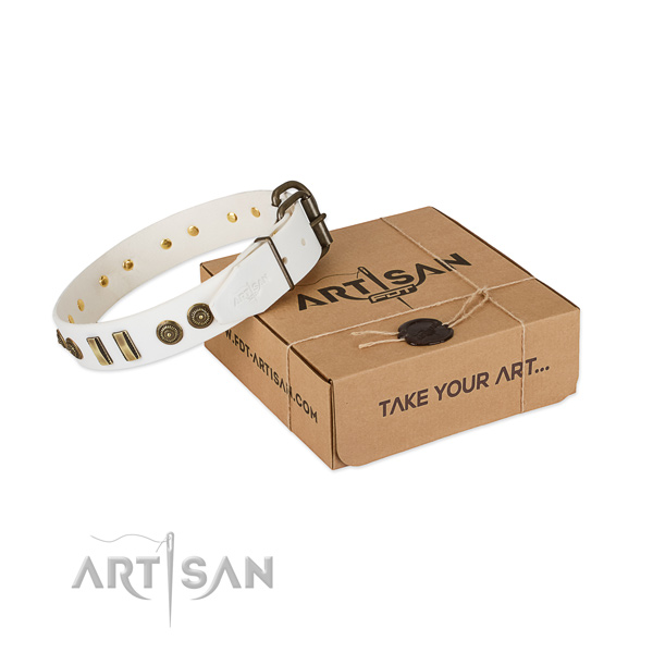 Corrosion proof buckle on full grain leather dog collar for your doggie