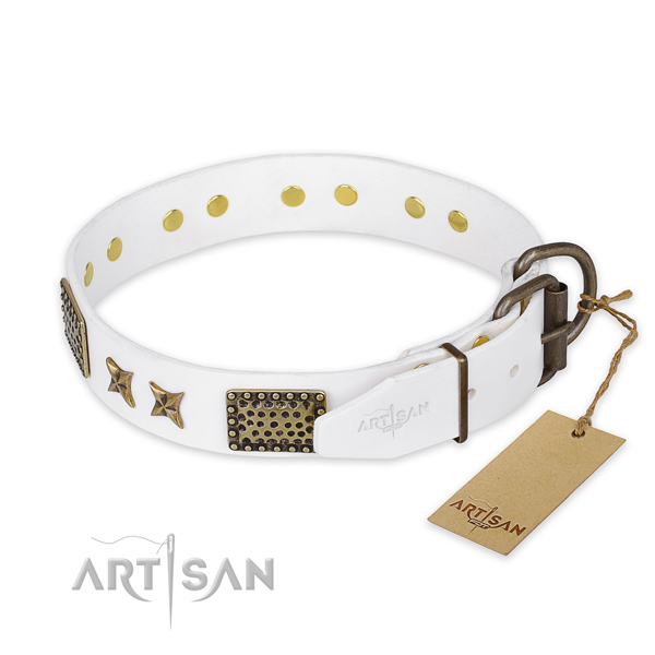Reliable buckle on natural genuine leather collar for your impressive dog