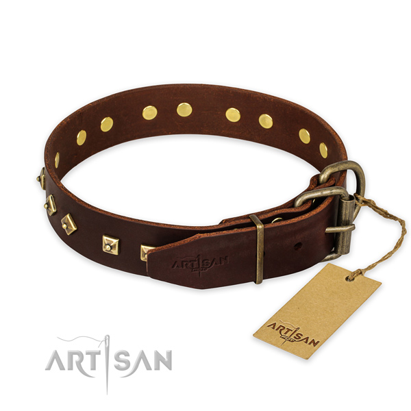 Strong traditional buckle on full grain natural leather collar for everyday walking your doggie