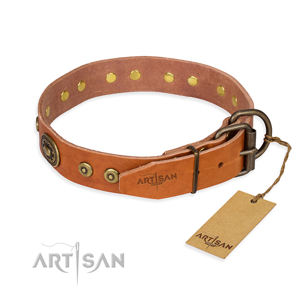 Genuine leather dog collar made of soft to touch material with corrosion resistant decorations