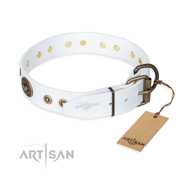 Natural genuine leather dog collar made of gentle to touch material with reliable decorations