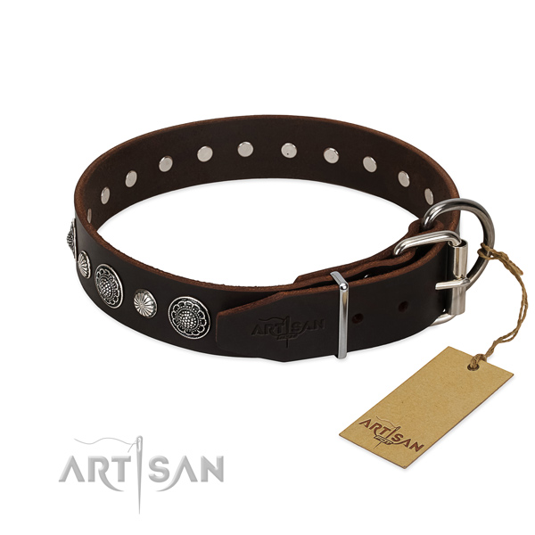 Finest quality full grain leather dog collar with significant decorations