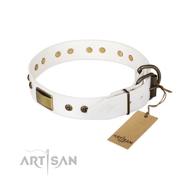 Full grain leather dog collar with corrosion resistant buckle and decorations