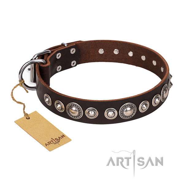 Durable decorated dog collar of genuine leather