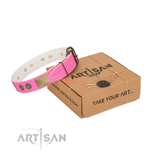 Corrosion proof hardware on full grain natural leather dog collar for walking