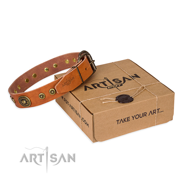 Leather dog collar made of gentle to touch material with rust-proof D-ring