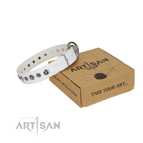 Durable natural leather dog collar with exceptional decorations