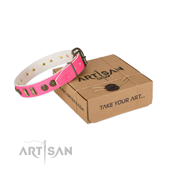 Corrosion proof adornments on leather dog collar for your four-legged friend