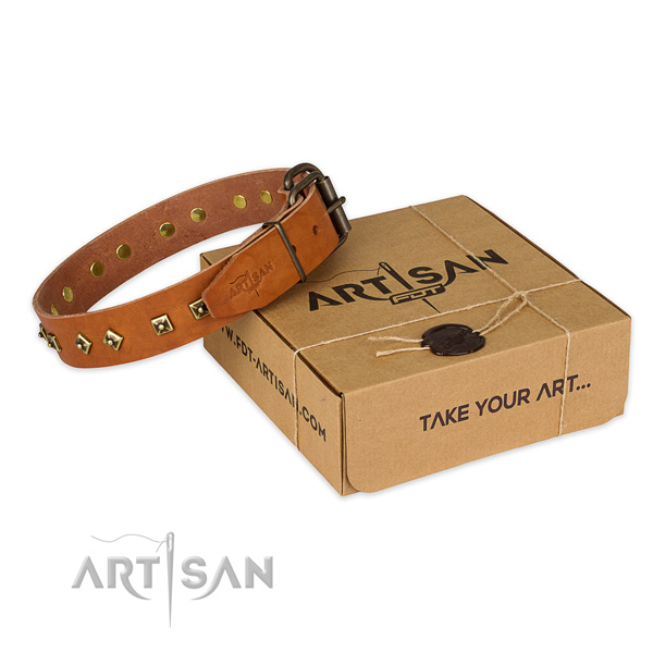 Corrosion proof hardware on natural leather dog collar for comfy wearing