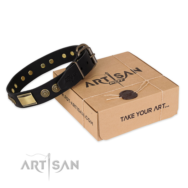 Reliable hardware on full grain leather dog collar for easy wearing