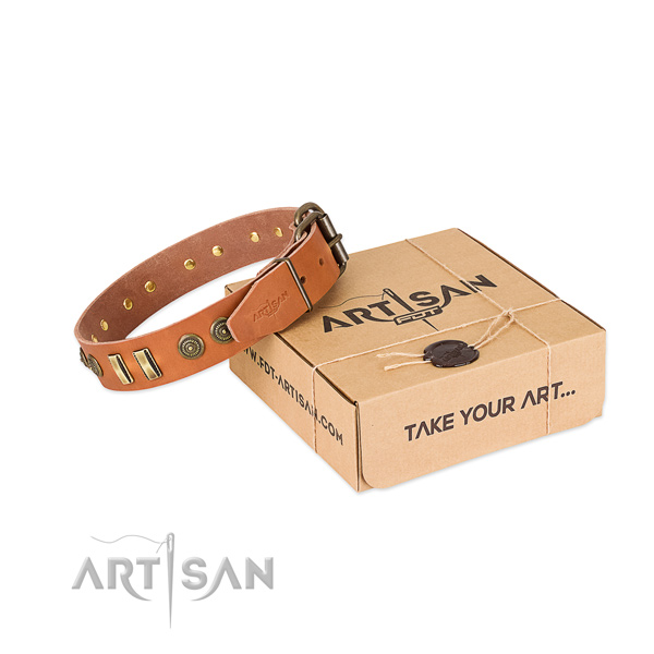 Corrosion resistant adornments on full grain genuine leather dog collar for your canine