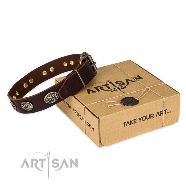 Rust-proof D-ring on natural genuine leather collar for your handsome four-legged friend